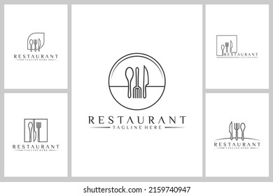 Restaurant logo with spoon and fork icon, modern concept of lines.