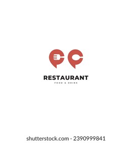 Logo del restaurante con icono de cuchara y tenedor, concepto de línea moderna.