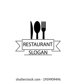 Restaurant logo with spoon, fork and knife. Black and white template. Vector clipart and drawing. Isolated illustration on white background.