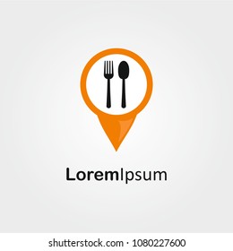 Restaurant logo with spoon and fork with orange pin
