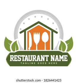 Restaurant Logo with Spoon, Knife and Fork. Logotype, Label, Badge Vector Icon Symbol Template. Food Service Vector Logo Design