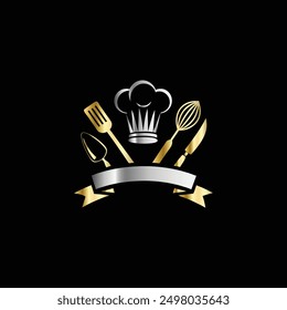 Logo-Vorlage für das Restaurant. Kochmütze, Löffel, Gabel und Messersymbol.
