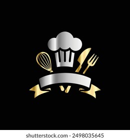 Restaurant logo template. Chef hat, spoon, fork and knife icon.