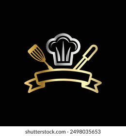 Plantilla del logo del restaurante. Icono de sombrero de chef, cuchara, tenedor y cuchillo.