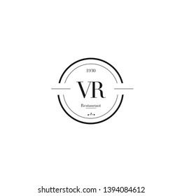 Restaurant logo template letter VR of a round shape, trendy minimalist style in black color on a white background, cafe or restaurant emblem, fork, spoon silhouette. Vector illustration