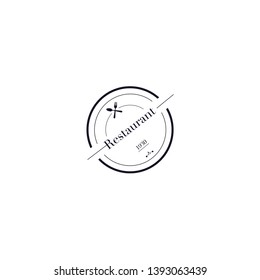 Restaurant logo template of a round shape, trendy minimalistic style in black color on a white background, cafe or restaurant emblem, fork, spoon silhouette. Vector illustration