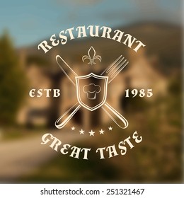 Restaurant logo template with shield, knife and fork, on blurred vintage background. Vector illustration