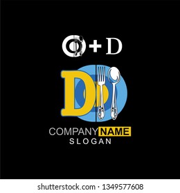 Restaurant Logo Template, Spoon + Fork + Plate + Letter D, Company Name Initial Logo Design - Vector