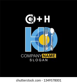 Restaurant Logo Template, Spoon + Fork + Plate + Letter H, Company Name Initial Logo Design - Vector