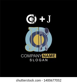 Restaurant Logo Template, Spoon, Fork and Plate Letter J, Company Name Initial Logo Design - Vector