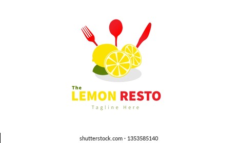 Restaurant Logo Template with spoons, forks and knives with lemon- Vector