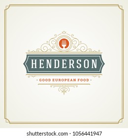 Restaurant logo template vector illustration. Fork silhouette, good for restaurant menu and cafe badge. Vintage typography ornament emblem design.
