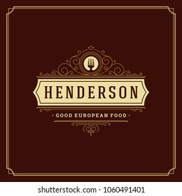 Restaurant logo template vector illustration. Fork silhouette, good for restaurant menu and cafe badge. Vintage typography ornament emblem design.