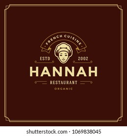 Restaurant logo template vector illustration. Chef woman face in hat silhouette, good for restaurant menu and cafe badge. Vintage typography emblem design.