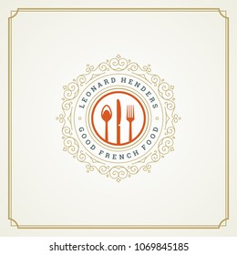 Restaurant logo template vector illustration. Kitchen tools silhouettes, good for restaurant menu and cafe badge. Vintage typography ornament emblem design.