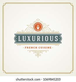 Restaurant logo template vector illustration. Fork silhouette, good for restaurant menu and cafe badge. Vintage typography ornament emblem design.