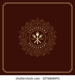 Restaurant logo template vector illustration. Kitchen tools silhouettes, good for restaurant menu and cafe badge. Vintage typography ornament emblem design.