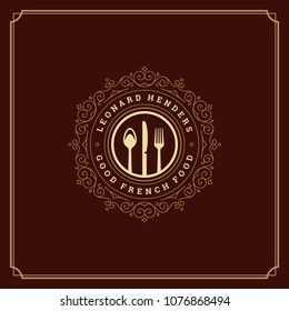 Restaurant logo template vector illustration. Kitchen tools silhouettes, good for restaurant menu and cafe badge. Vintage typography ornament emblem design.