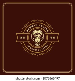 Restaurant logo template vector illustration. Chef woman face in hat silhouette, good for restaurant menu and cafe badge. Vintage typography emblem design.