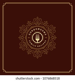 Restaurant logo template vector illustration. Fork silhouette, good for restaurant menu and cafe badge. Vintage typography ornament emblem design.