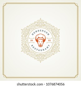 Restaurant logo template vector illustration. Chef man face in hat silhouette, good for restaurant menu and cafe badge. Vintage typography emblem design.