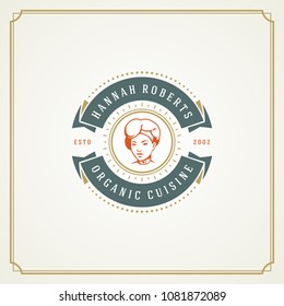 Restaurant logo template vector illustration. Chef woman face in hat silhouette, good for restaurant menu and cafe badge. Vintage typography emblem design.