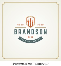 Restaurant logo template vector illustration. Kitchen tools silhouettes, good for restaurant menu and cafe badge. Vintage typography emblem design.