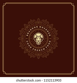Restaurant logo template vector illustration. Chef face silhouette, good for restaurant menu and cafe badge. Vintage typography emblem design.