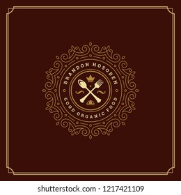 Restaurant logo template vector illustration. Kitchen tools silhouettes, good for restaurant menu and cafe badge. Vintage typography ornament emblem design.
