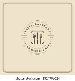 Restaurant logo template vector illustration. Kitchen tools silhouettes, good for restaurant menu and cafe badge. Vintage typography emblem design.