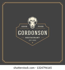 Restaurant logo template vector illustration. Chef man face in hat silhouette, good for restaurant menu and cafe badge. Vintage typography emblem design.