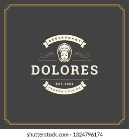 Restaurant logo template vector illustration. Chef woman face in hat silhouette, good for restaurant menu and cafe badge. Vintage typography emblem design.