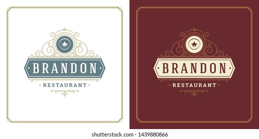 Restaurant logo template vector illustration plate dish symbol and ornament swirls good for menu and cafe sign. Vintage typography emblem design.