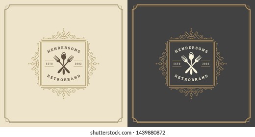 Restaurant logo template vector illustration fork and spoon symbol and ornament swirls good for menu and cafe sign. Vintage typography emblem design.