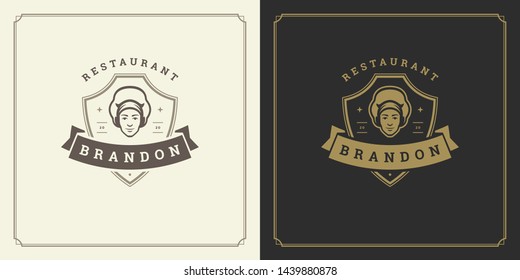 Restaurant logo template vector illustration man chef head in cap symbol and decoration good for menu and cafe sign. Vintage typography emblem design.