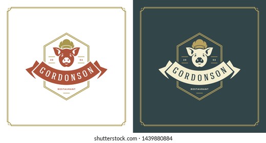 Restaurant logo template vector illustration pork head in chef hat symbol and decoration good for menu and cafe sign. Vintage typography emblem design.