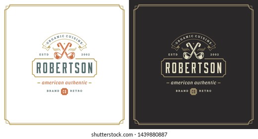 Restaurant logo template vector illustration soup ladles symbol and decoration good for menu and cafe sign. Vintage typography emblem design.