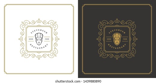 Restaurant logo template vector illustration chef man face in hat symbol and ornament swirls good for menu and cafe sign. Vintage typography emblem design.