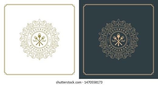 Restaurant logo template vector illustration fork and spoon symbol and ornament swirls good for menu and cafe sign. Vintage typography emblem design.