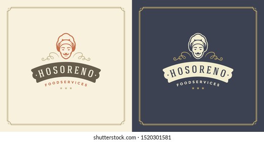 Restaurant logo template vector illustration chef man face in hat silhouette, good for restaurant menu and cafe badge. Vintage typography emblem template with decoration and symbols.