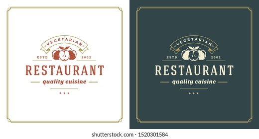 Restaurant logo template vector illustration apples veggie food silhouettes, good for restaurant menu and cafe badge. Vintage typography emblem template with decoration and symbols.
