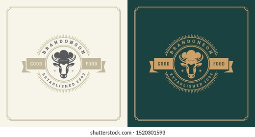 Restaurant logo template vector illustration cow head in chef hat silhouette, good for restaurant menu and cafe badge. Vintage typography emblem template with decoration and symbols.