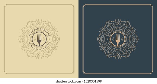 Restaurant logo template vector illustration fork silhouette, good for restaurant menu and cafe badge. Vintage typography emblem template with decoration and symbols.
