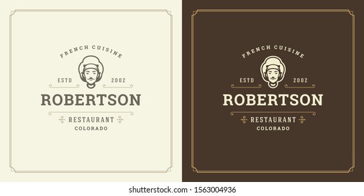 Restaurant logo template vector illustration chef man face in hat silhouette, good for restaurant menu and cafe badge. Vintage typography emblem template with decoration and symbols.