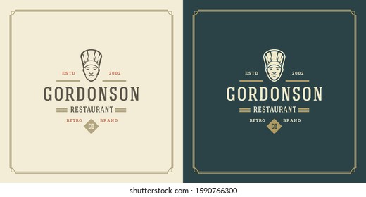 Restaurant logo template vector illustration chef man face in hat silhouette good for restaurant menu and cafe badge. Vintage typography emblem template with decoration and symbols.