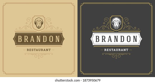Restaurant logo template vector illustration chef man face in hat silhouette, good for restaurant menu and cafe badge. Vintage typography emblem template with decoration and symbols.