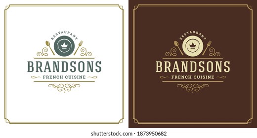 Restaurant logo template vector illustration plate silhouette, good for restaurant menu and cafe badge.Vintage typography emblem template with decoration and symbols.