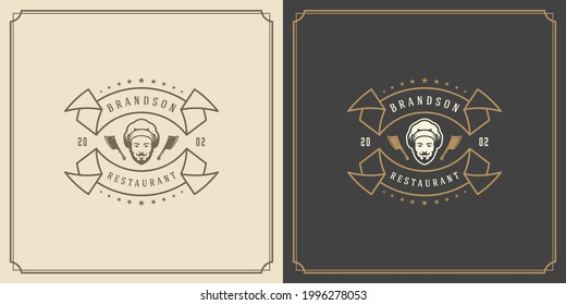 Restaurant logo template vector illustration chef man face in hat silhouette, good for restaurant menu and cafe badge. Vintage typography emblem with decoration and symbols.