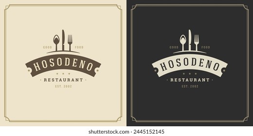 Restaurant logo template vector illustration kitchen tools silhouettes, good for restaurant menu and cafe badge. Vintage typography emblem with decoration and symbols.