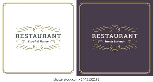 Restaurant-Logo-Vorlage-Vektorillustration-Vignette wirbelt gut für Restaurant-Menü und Café-Abzeichen. Klassische Typografie Ornament Emblem mit Dekoration und Symbolen.